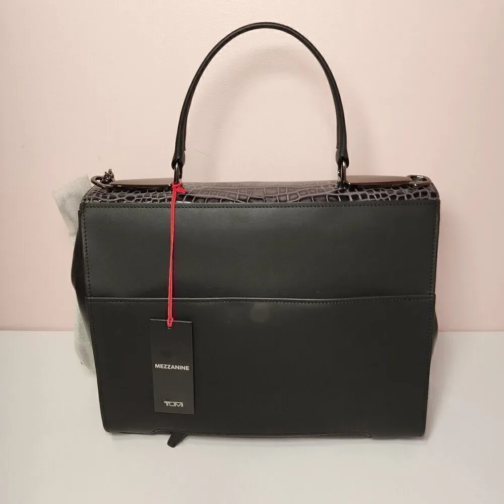 NWT Tumi Mezzanine RIVERA Crocodile Embossed Leather Satchel GREY